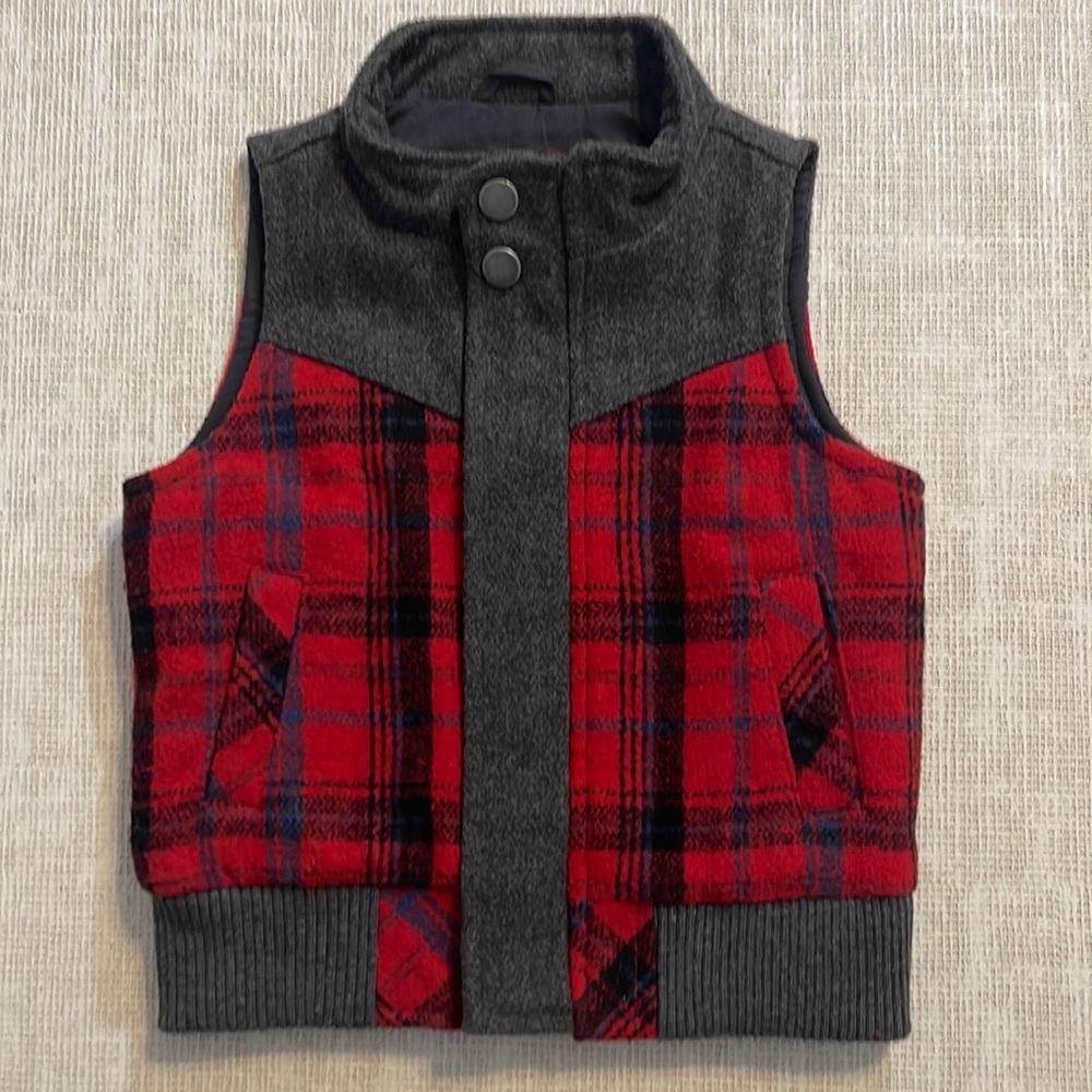 Genuine Kids from Oshkosh red gray plaid wool blend vest 12 months